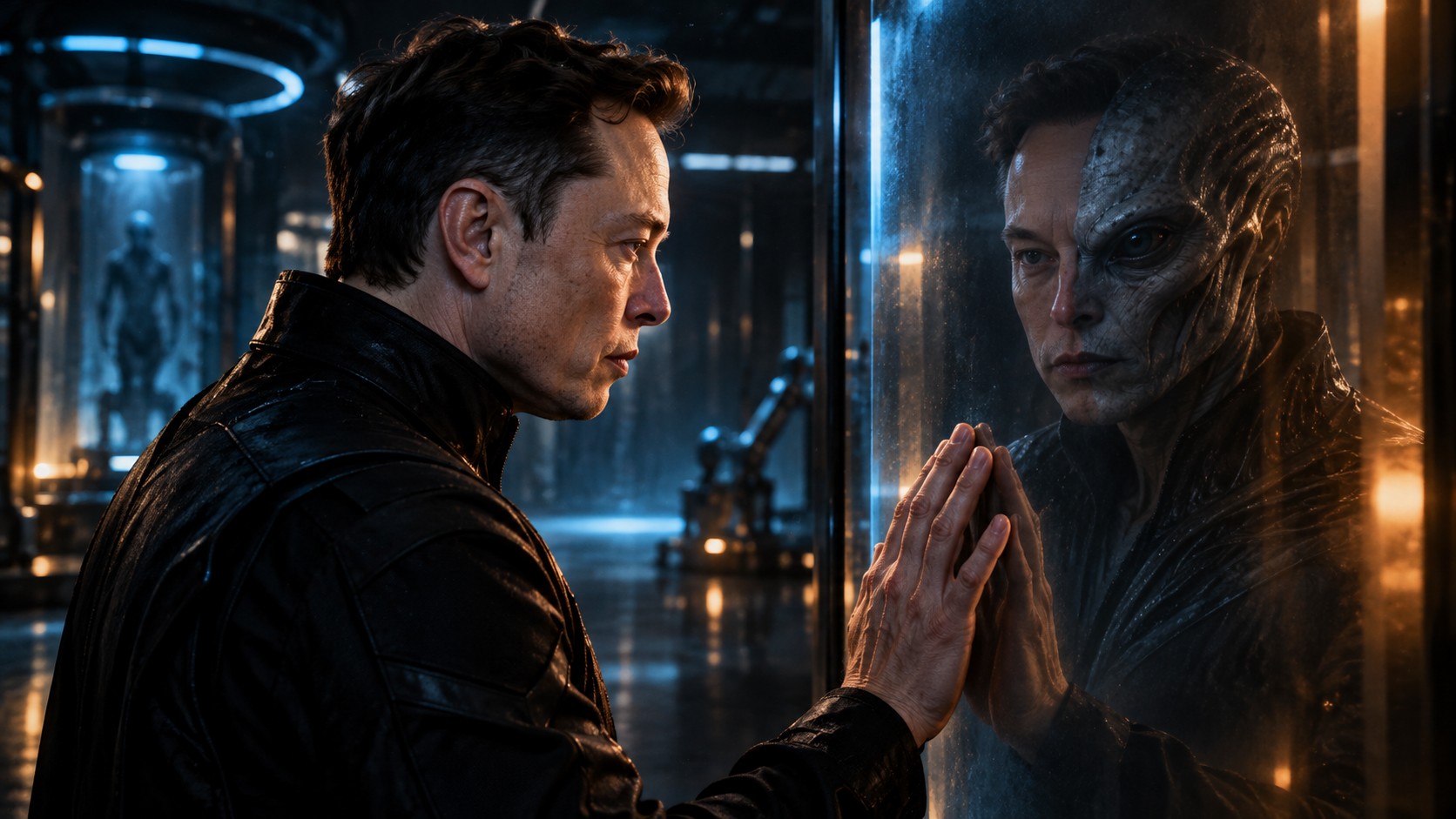 A man facing his own half-alien reflection in a futuristic chamber.
