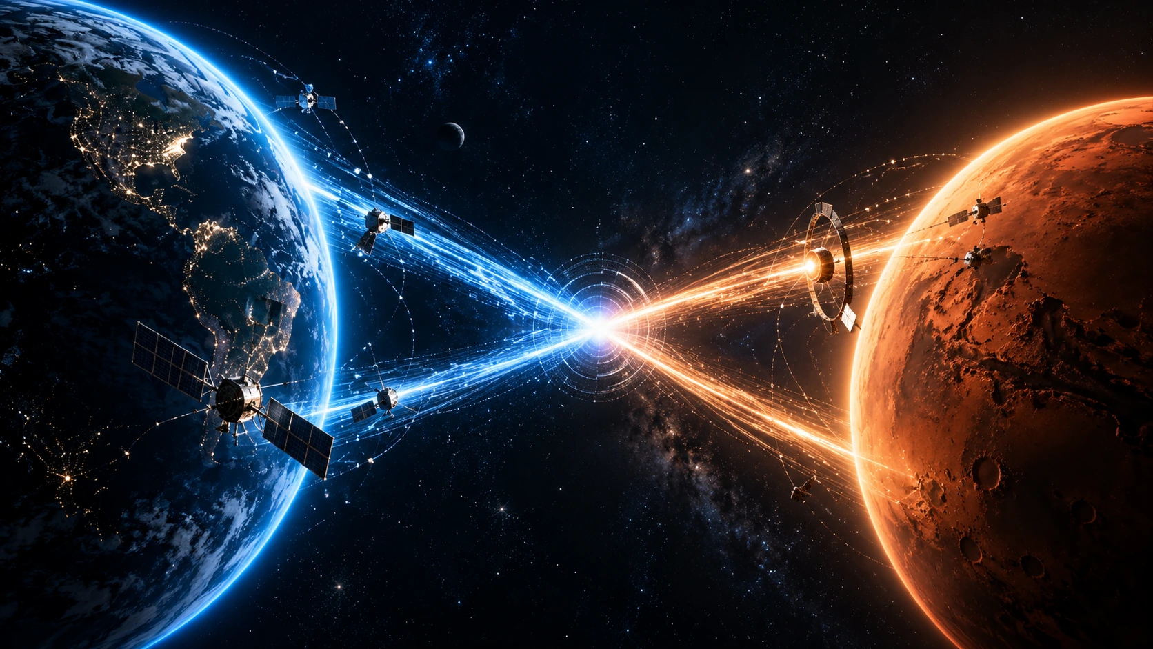 Earth and Mars connected through a luminous interplanetary relay.