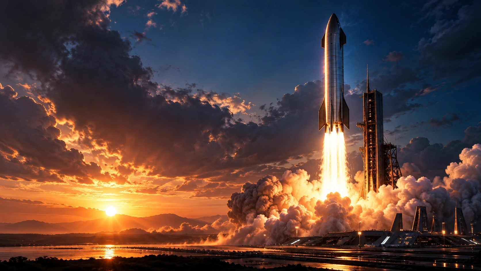A launch vehicle rising through a dramatic sunset sky.