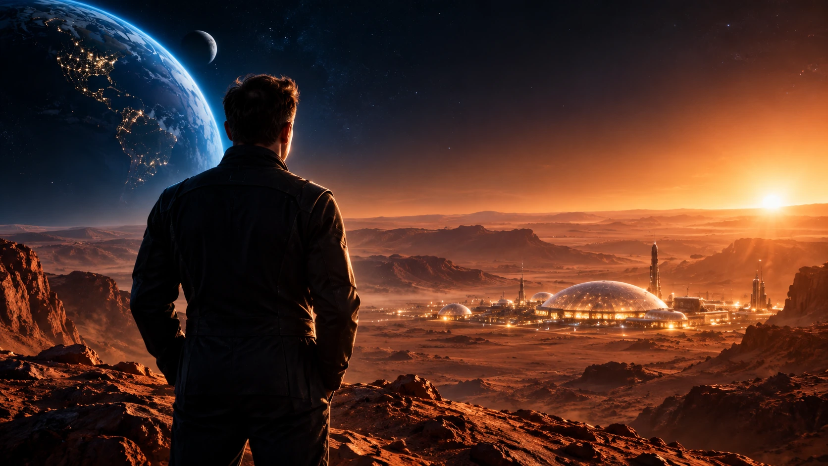 Alien X overlooking a Martian settlement at dawn.