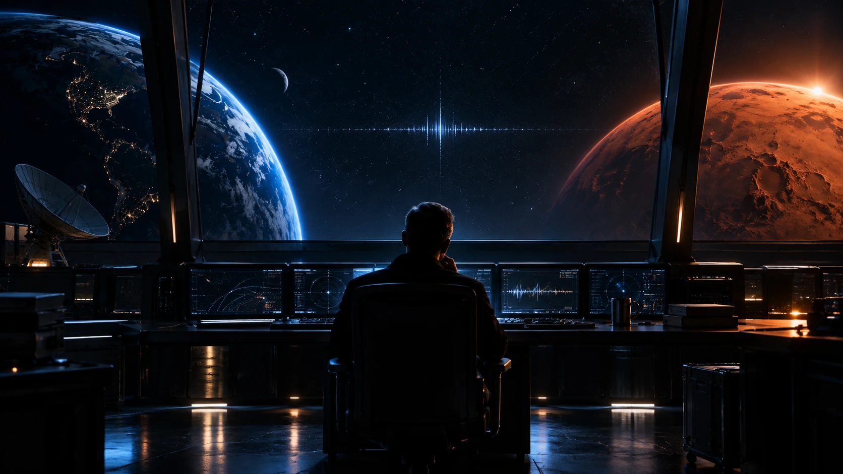 A solitary operator facing Earth and Mars from a silent command room.